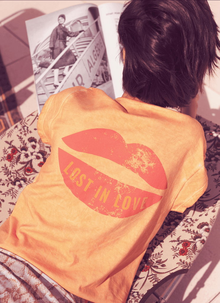 Sisters Department,Sleeveless T-Shirt in Washed Orange w/" Lost in Love" Print,CouCou,Mamma Clothing